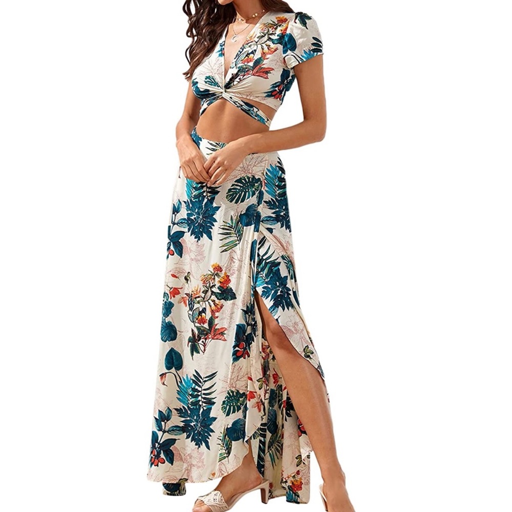 Shein Women's 2 Piece Boho Twist Front Top and High Split Maxi Skirt Set